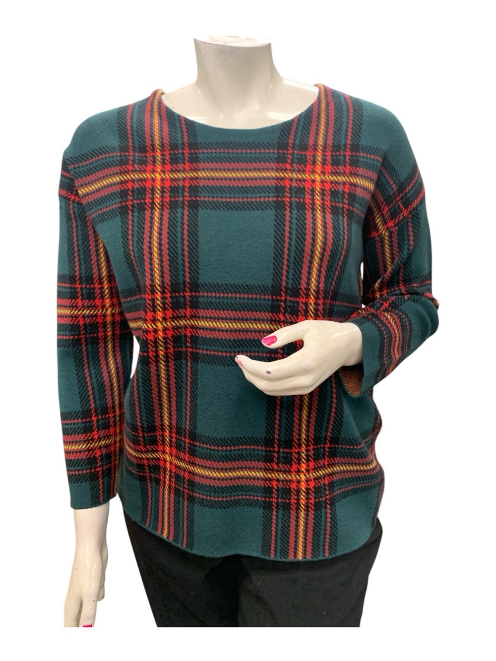 Tahari Teal Plaid Crewneck Sweater with Red & Yellow Accents